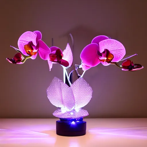 Prompt: an orchid flower, robotic, made of metal, shiny, LED lights, glowing, unreal engine