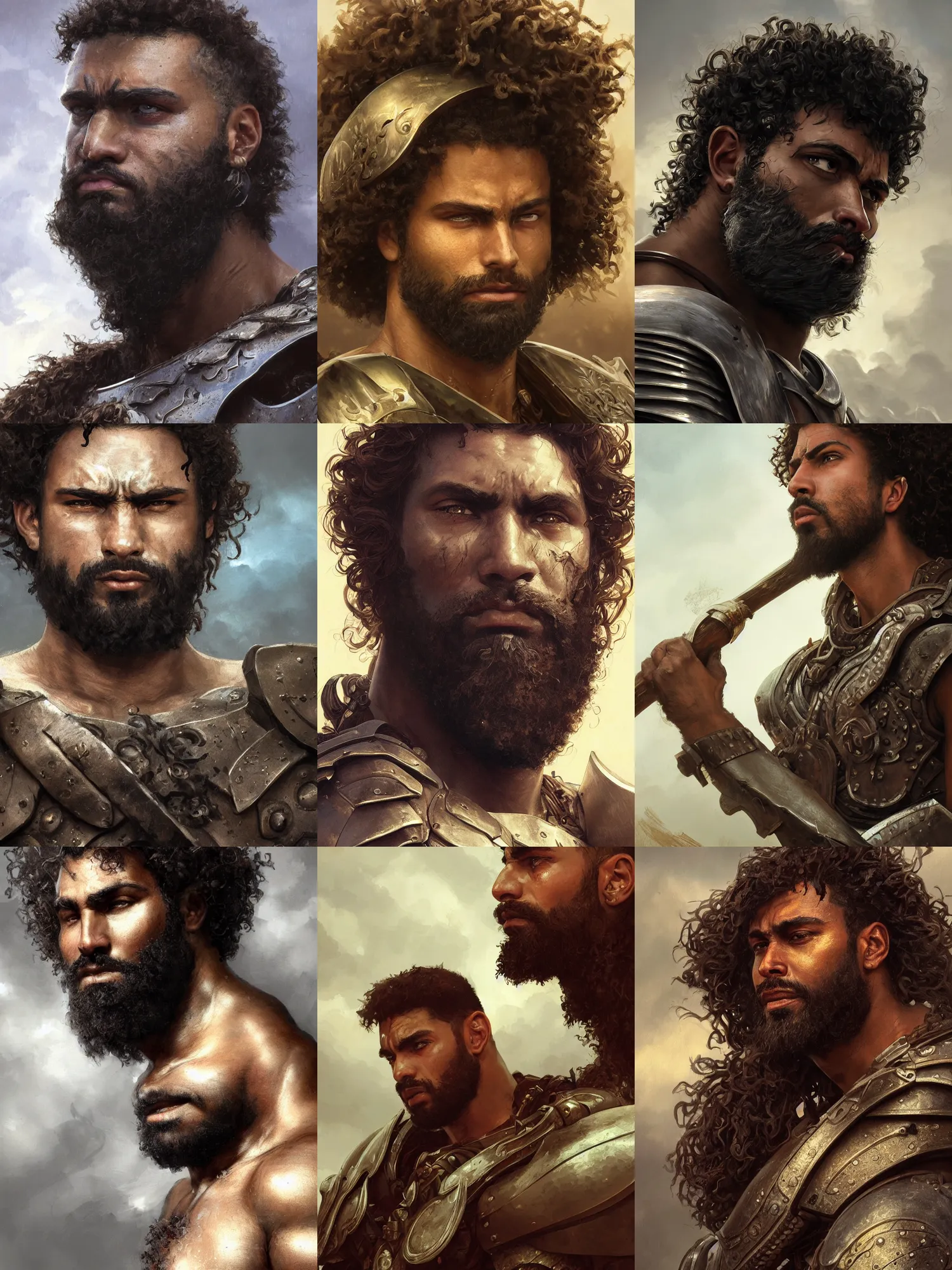 Prompt: close up picture of a male warrior looking at the sky, angry, sad, burly, black plate armor, simple, brown skin, messy curly hair, unkempt beard, highly detailed, detailed face, smooth, sharp focus, chiaroscuro, digital painting, artgerm, greg rutkowski, alphonse mucha