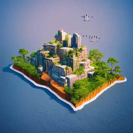 Image similar to manhattan on a floating island in the sky, waterfalls falling down, low poly art, isometric art, 3d render, ray tracing, high detail, artstation, concept art, behance, smooth, sharp focus, ethereal lighting, octane render