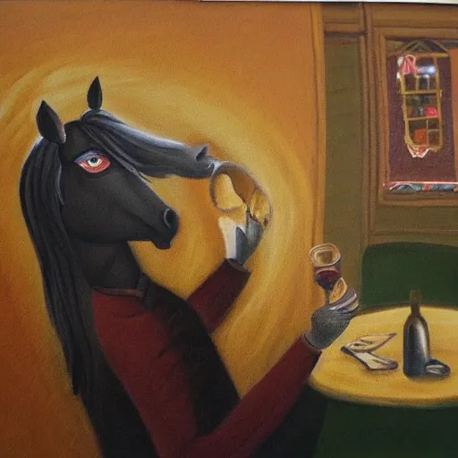 Prompt: a painting of a horse picking its nose, while in a cafe