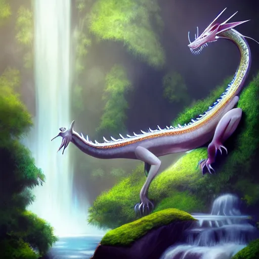 Image similar to beautiful photoshop commission of a slender dragon relaxing by a waterfall, digital painting, artstation, art by Jaime Jones