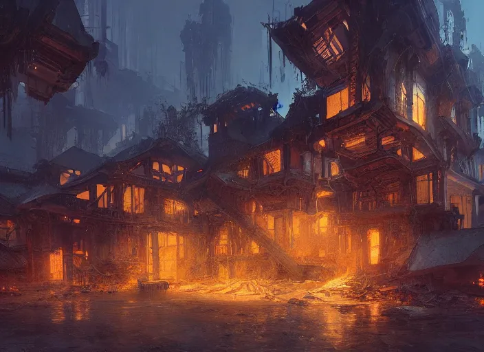 Prompt: one bright the rich golden house among destroyed world around volumetric lighting, digital painting, highly detailed, artstation, sharp focus, illustration, concept art, ruan jia, steve mccurry, amazing composition