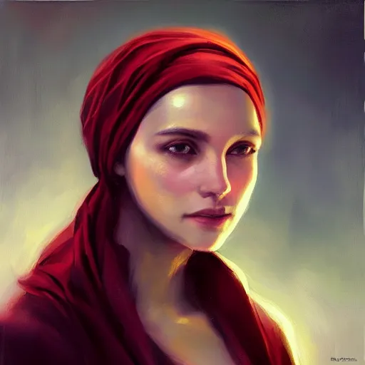 Prompt: A oil painting of a beautiful girl wearing a headscarf, centered face, intricate complexity, rule of thirds, face by Artgerm, character concept, dramatic lighting, complementary colors,by charlie bowater.