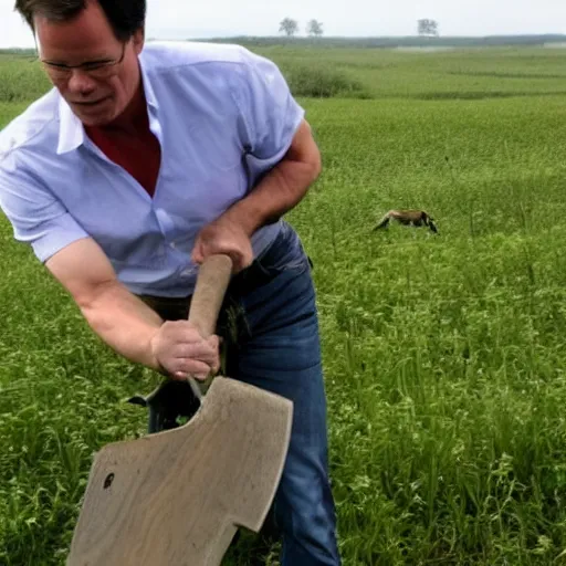 Prompt: mark rutte wielding an axe hitting cows, on farmland