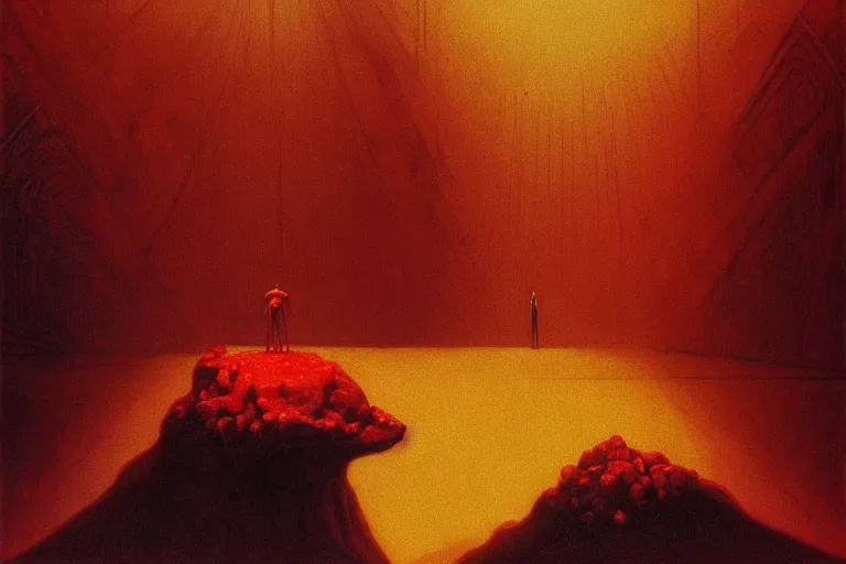 Image similar to only with red, red god of death eat apple, a futuristic city on mars in the background, red worms on the floor, in the style of beksinski, part by hopper, part by rodcenko, part by hofbauer, intricate composition, red by caravaggio, insanely quality, highly detailed, masterpiece, red light, artstation, 8 k