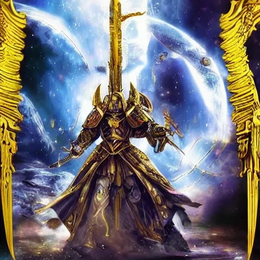 Image similar to The emperor of mankind in golden armor, with long black hair, holds a plasma sword. On the background of the battle on the planet. Futuristic style, super detail.