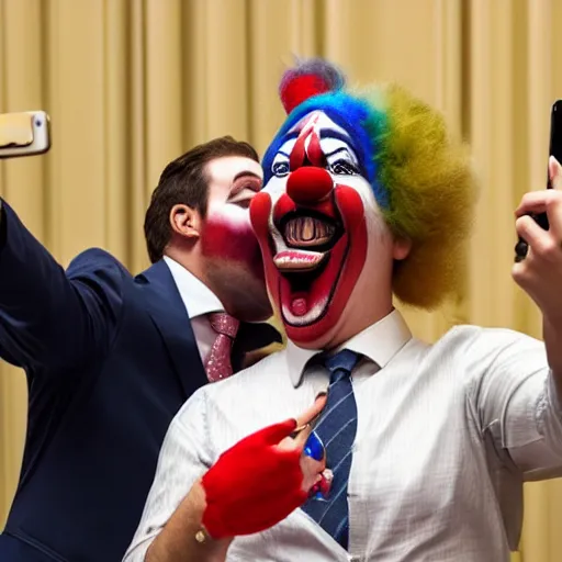 Image similar to a president with bulldog mouth and clown makeup taking a selfie in a podium next to an angry first minister