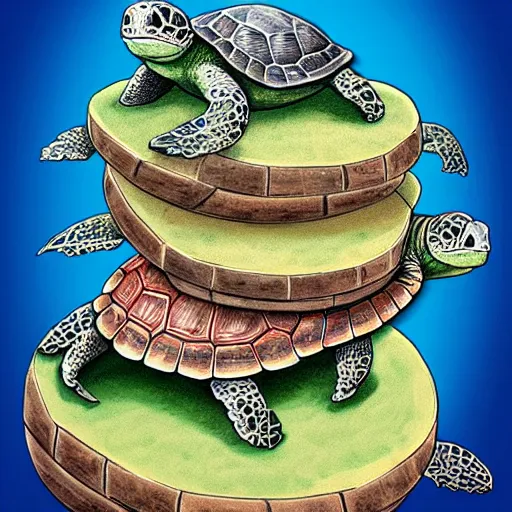 Image similar to a stack of turtles beneath a flat earth, round map, turtle pile