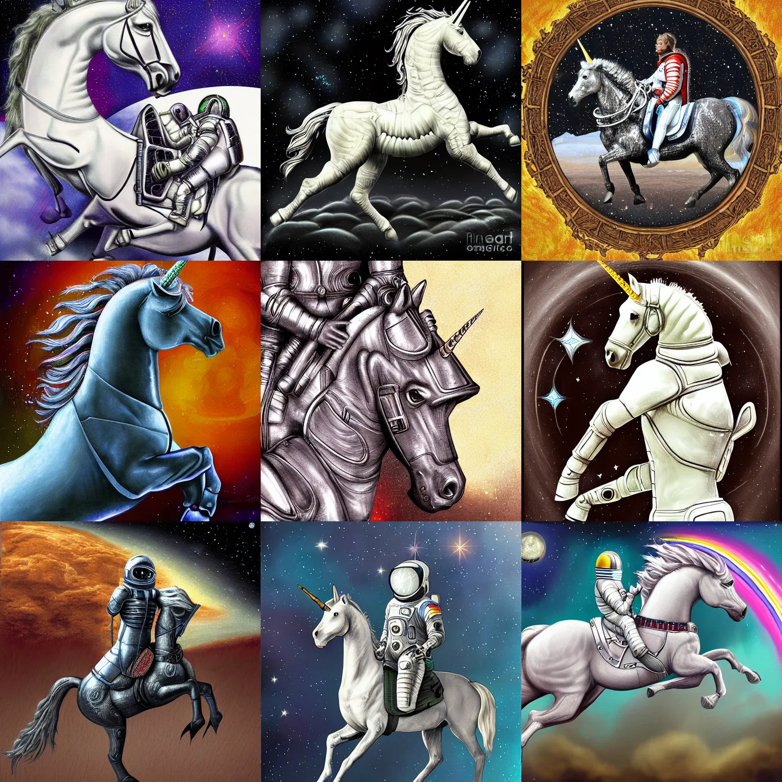 Prompt: horse in a spacesuit riding a unicorn. digital painting by giger