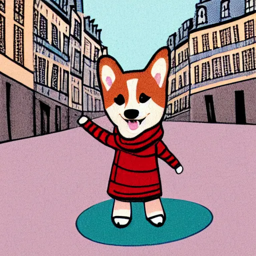 Prompt: illustration of boy playing football with his polkadot scarf wearing corgi on the streets of paris