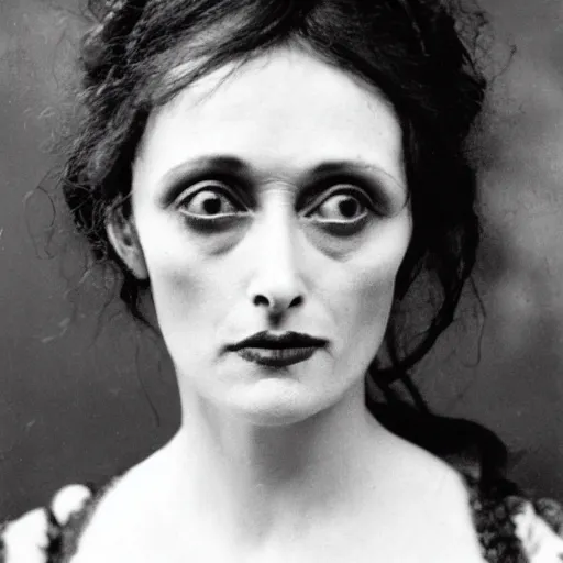 Image similar to headshot edwardian photograph of helena bonham carter, shelley duvall, glenn close, 1 9 2 0 s, sinister, evil, realistic face, 1 9 1 0 s, grainy, victorian, soft blur