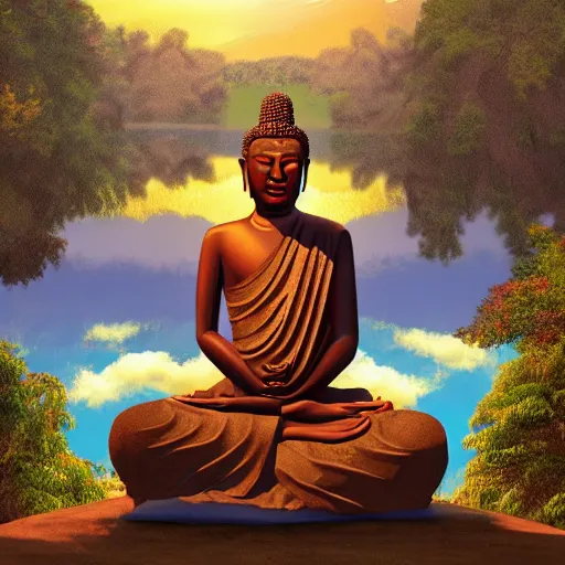 Prompt: contented peaceful haitian!! buddha, praying meditating, in a scenic environment, detailed, golden hour, realism, artstation trending, digital art