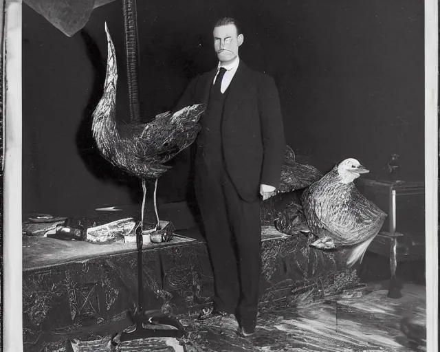 Image similar to early 1 9 0 0 s photo of a man in a suit next to a huge black taxidermied bird, black and white, newspaper clipping