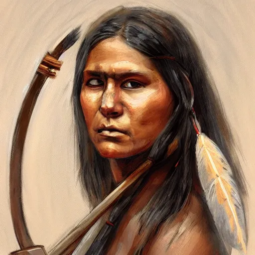 Image similar to Portrait painting of a native american female holding a spear, artstation