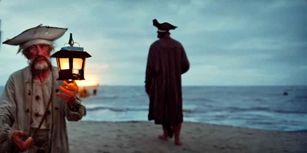 Image similar to film still of closeup old man holding up lantern by his beach hut at night. pirate ship in the ocean by emmanuel lubezki