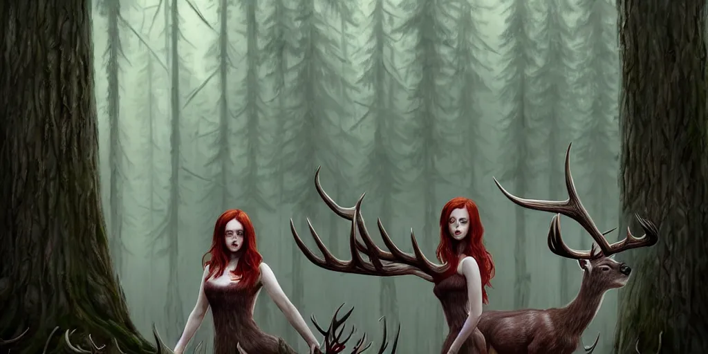 Image similar to surrounded by trees, realistic character concept, gorgeous Kacey Rohl, red hair, small freckles, symmetrical face, symmetrical eyes, full body, covered in blood, dark forest, trees, shorter neck, cinematic lighting, Joshua Middleton and artgerm, Wendigo creature with antlers and a deer skull face lurking in the background, fear anxiety terror