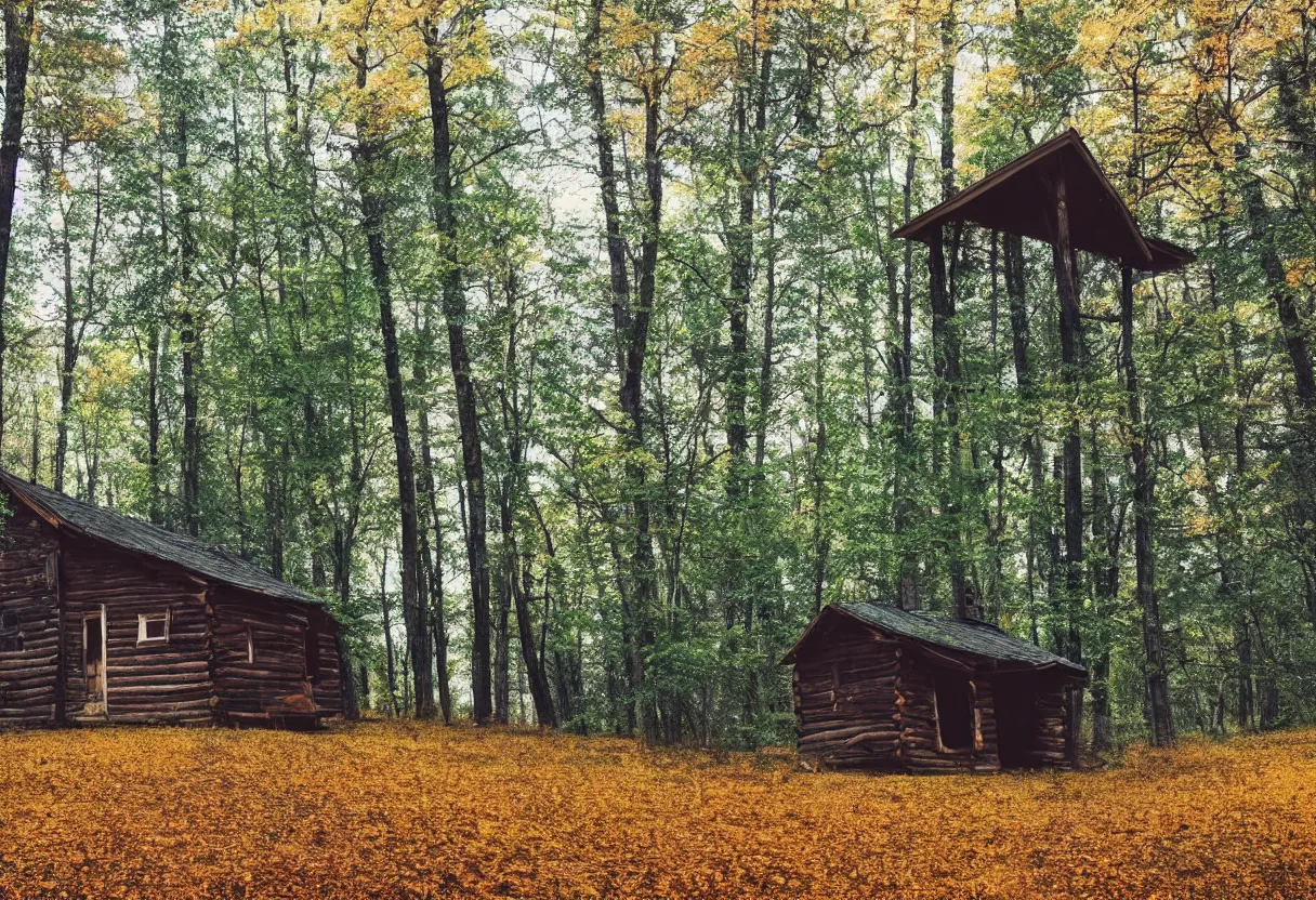 Prompt: old cabin in a forest 4k autumn cinematic low angle trees lonely clear view logs overgrown pasture green blue tones