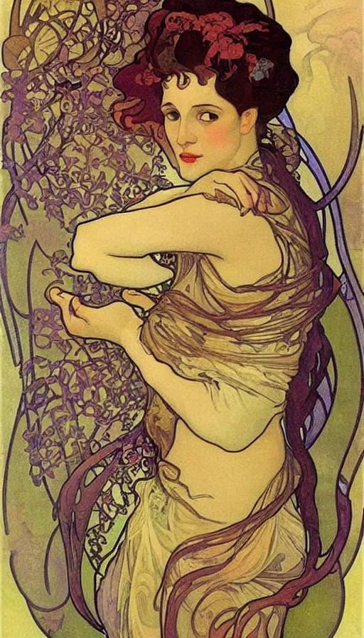 Prompt: beautiful girl,art nouveau,Alfons Mucha