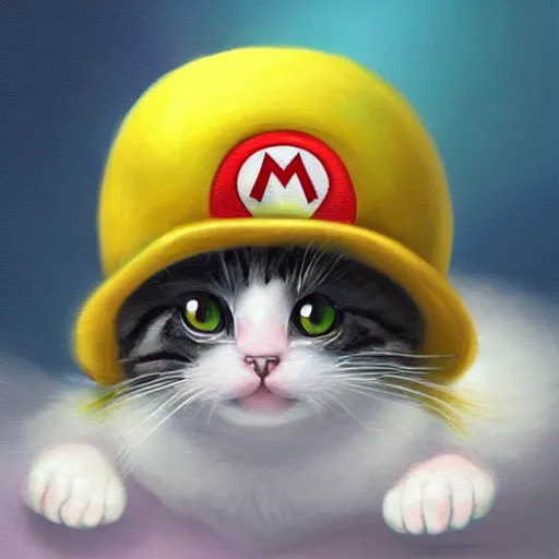 Image similar to A beautiful oil painting of a Kawaii Cat wearing a Super Mario Hat, art by old masters, volumetric lighting, photorealistic, highly detailed.