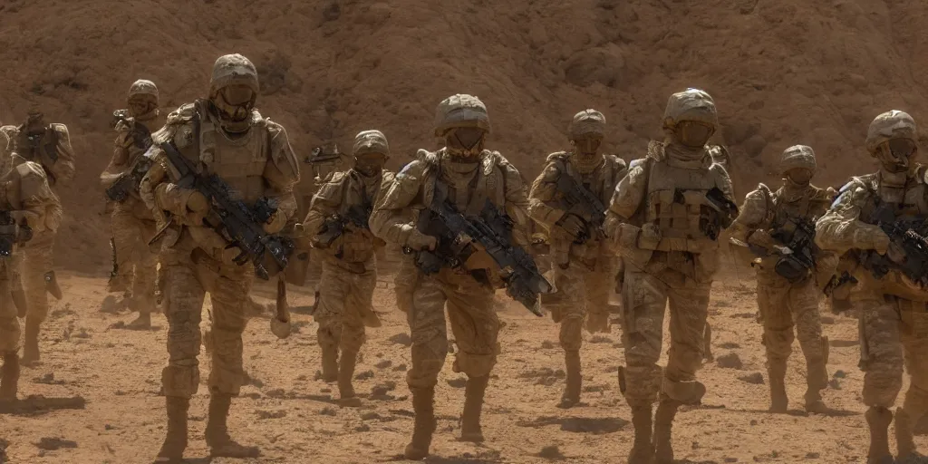 Image similar to a group of soldiers on a rescue mission like the film stargate being chased by a large spider alien on a desert world, telephoto shot, mid day, heat shimmering.