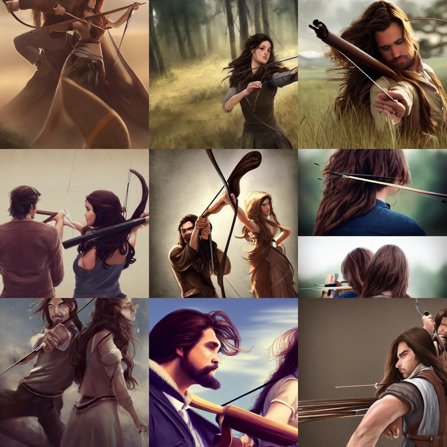 Prompt: over the shoulder shot of a man and woman with long brown hair shooting a bow side by side, trending on artstation