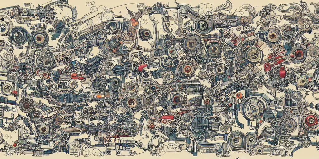 Image similar to beautiful schematic of a million fighting roosters made of rocket and car engine parts, schematic, dieselpunk, illustration, intricate, highly detailed, studio ghibli color scheme