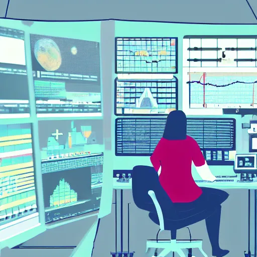 Prompt: a female scientist sitting in the control room,watching the graphics on the panel,digital art,trending on artstatiion