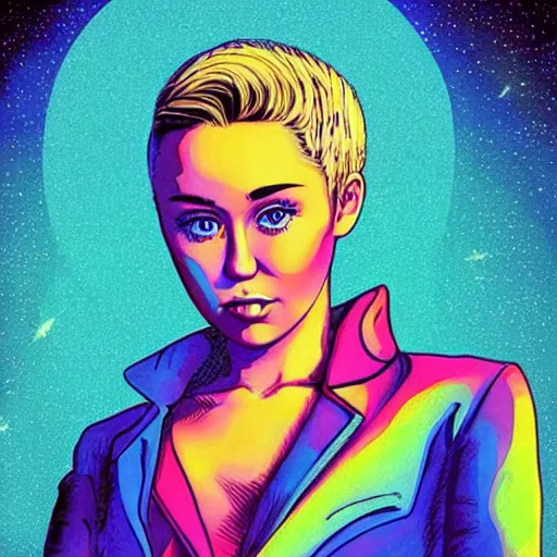 Image similar to “ beautyful miley cyrus retro minimalist portrait, moebius starwatcher comic, minimalistic background, by jean giraud, 8 k ”