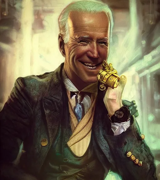 Image similar to portrait of steampunk joe biden cosplaying, by wlop, by simon stalengrad, by ilya repin, bioshock screenshot, photorealistic fan art, detailed shading, intricate abstract, steampunk impressionism