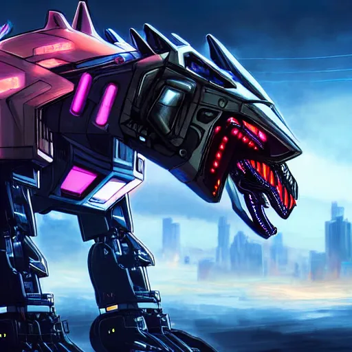 Image similar to hyper realistic, photographic, highly detailed cinematic full body shot of a 4 legged giant mecha canine, sharp claws, sleek armor, glowing visor, charging through city, destroying city, digital art, furry art, dragon art, zoids art, furaffinity, deviantart