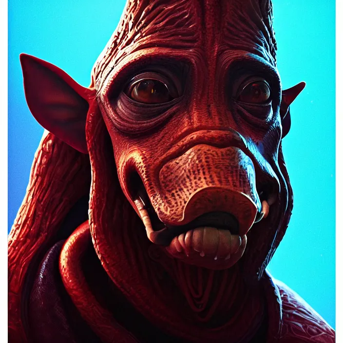 Image similar to portrait of jar jar binks. intricate abstract. intricate artwork. phantom menace. by tooth wu, wlop, beeple, dan mumford. octane render, trending on artstation, greg rutkowski very coherent symmetrical artwork. cinematic, hyper realism, high detail, octane render, 8 k, iridescent accents