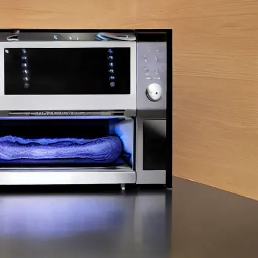 Prompt: A home nanotech appliance halfway through fabricating an apple