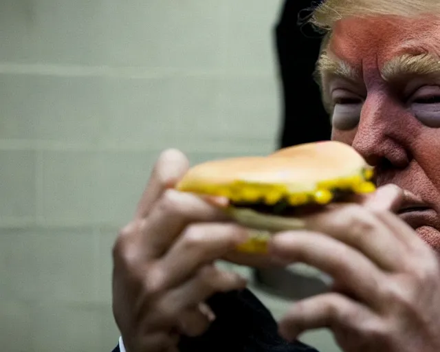 Prompt: Reuters Photograph of Donald Trump in jail cell, eating a cheeseburger, uhd, 8k, wide angle lense, fisheye.