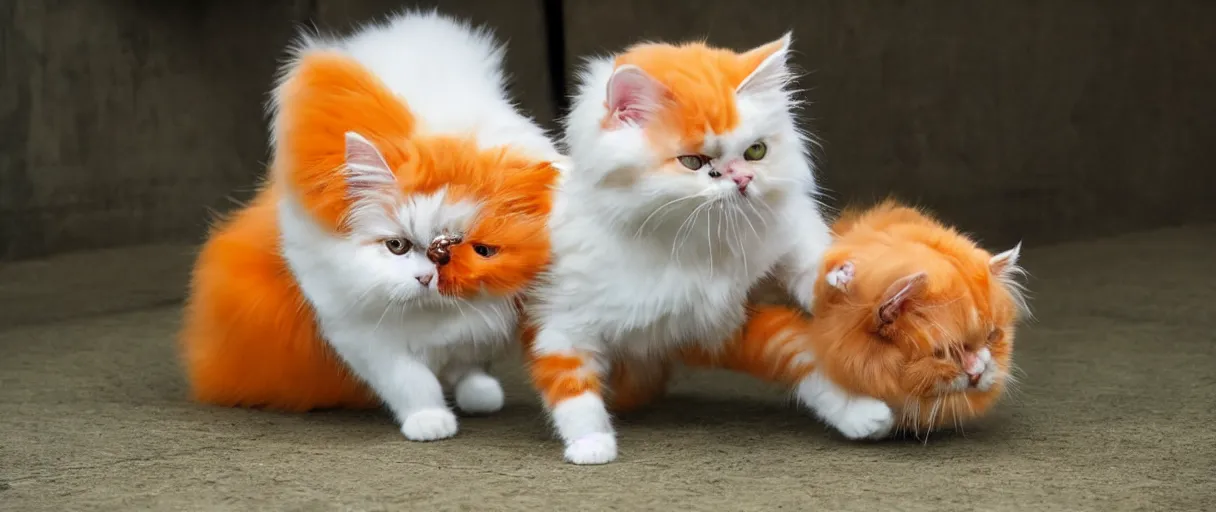 Prompt: white mekong bobtail cat punching an orange persian cat, cinematic