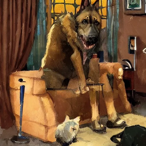 Image similar to a humanoid german shepherd beast - man, sitting and watching a soccer match in his house on television, he has hurt his knee and is a dad, by erin hanson, alexi zaitsev, karl spitzweg, award winning, tv set