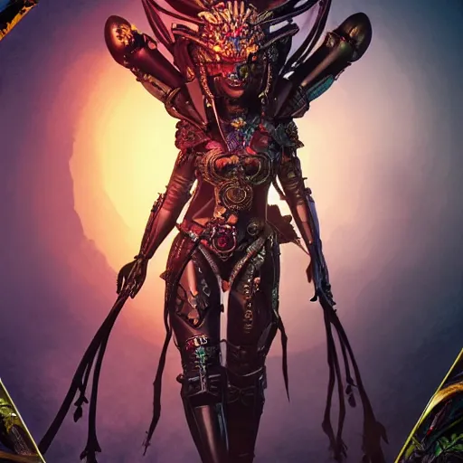 Image similar to mystical evil android queen with obsidian eyes, wearing an elaborate helmet, in a jungle, octane render, 8 k, unreal engine, by todd mcfarlane and artgerm and greg rutkowski and alphonse mucha