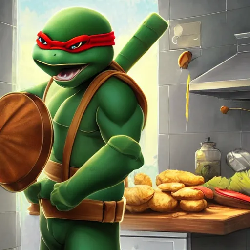 Prompt: teenage mutant ninja turtle wearing white chef hat, holding frying pan full of doornails, near kitchen stove, digital art by ilya kuvshinov, victo ngai, thomas kinkade. highly detailed, award winning, artstation