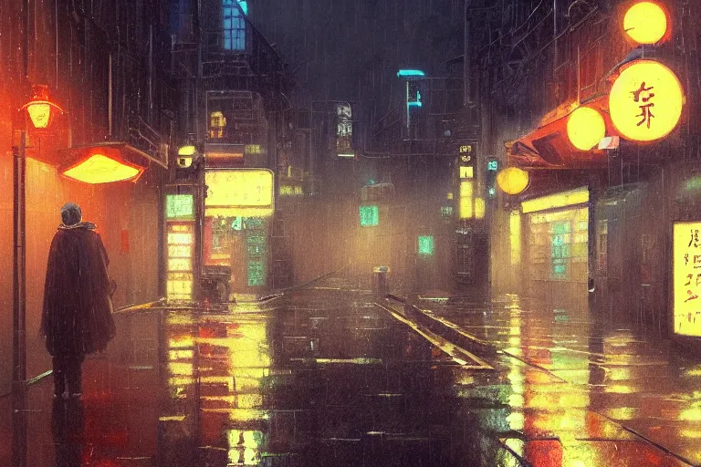 Image similar to a painting of a rain soaked back street in osaka at dusk, neon lights, dark figures walking, digital art, trending on artstation, by studio ghibli and greg rutkowski. spirited away. trending on artstation, hyperrealism, unreal engine