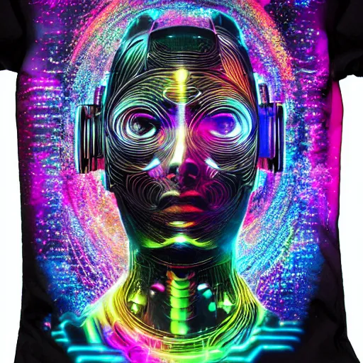 Image similar to photo of a black tshirt with a hyperdetailed portrait of a futuristic trippy cyberpunk meditating robot, 8 k, symetrical, flourescent colors, multicolored tshirt art,