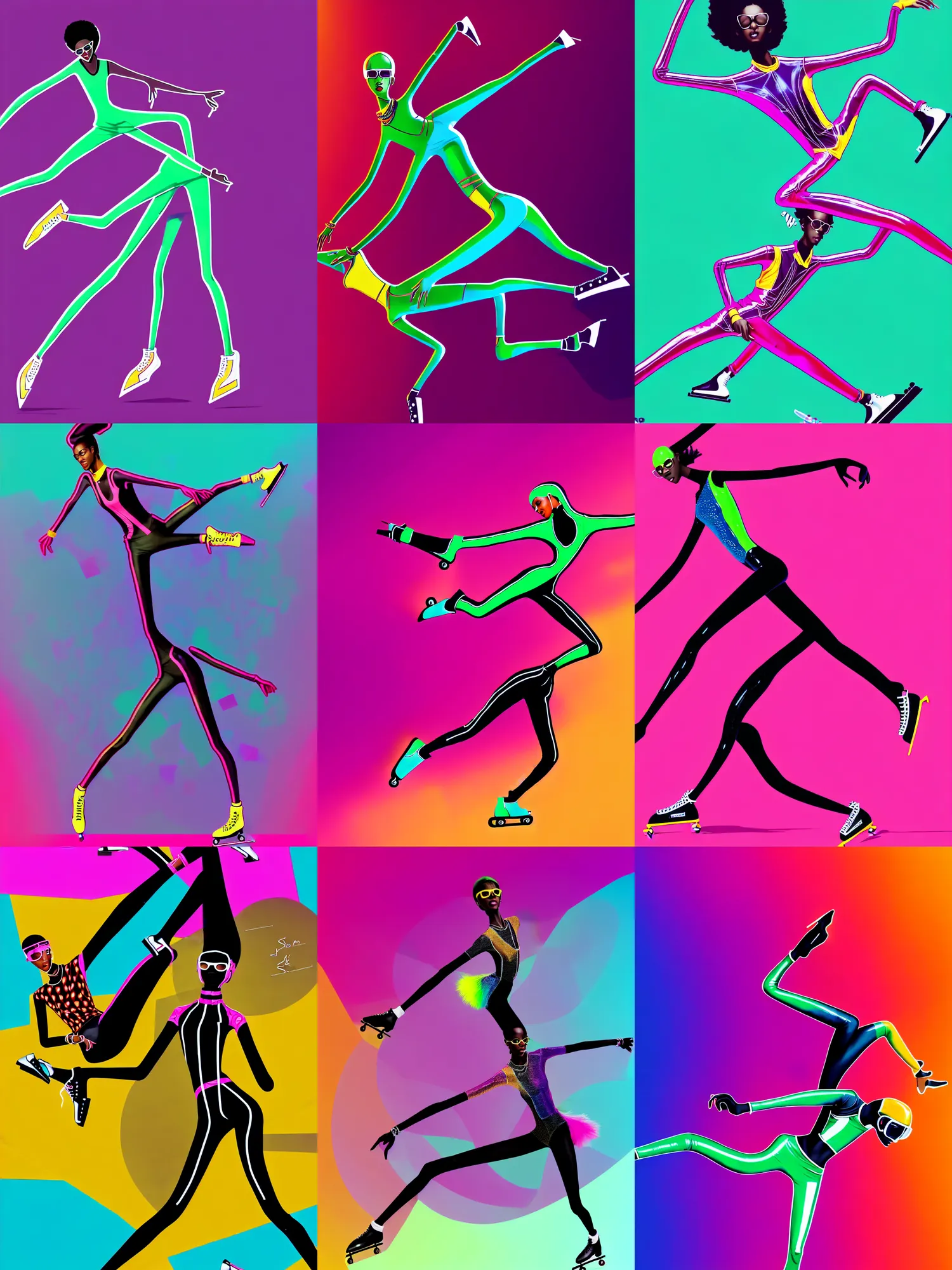 Prompt: illustration of an extremely stylish single dark skinned slender character rollerskating, see - through transparent clothing, vinyl material, colorful details, seen from below, dynamic posing, fashion photoshoot, 4 k, in style of jordan speer, by raman djafari, by jack sachs, by jet set radio,