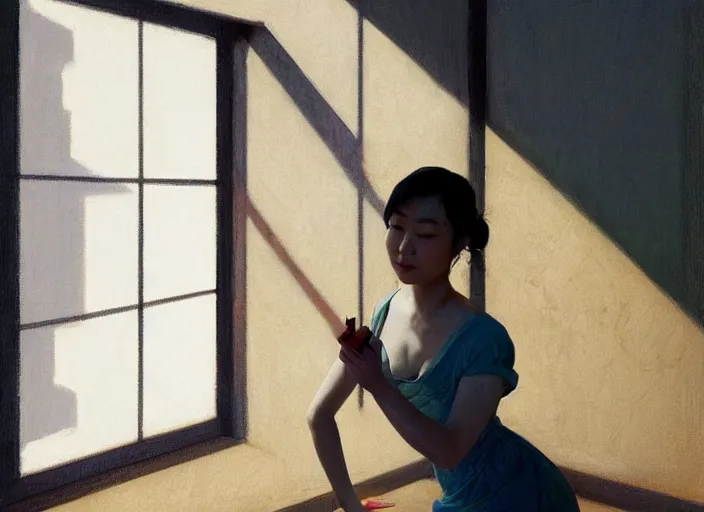 Image similar to famous asian actress girl dropping the shadow of her desires on the wall of empty house with a light from a window creating dreams, style of James Jean, Edward Hopper, Francis Bacon, colors of Mark Rothko, Frank Auerbach, trending on artstation, Greg Rutkowski, dark atmosphere