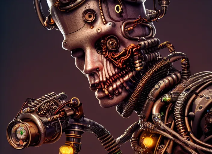 Prompt: an intricately detailed ultra - realistic unreal engine 5 rendering of a portrait of steampunk cyberpunk neon - bordered cyborg zombie frankenstein, concept art, intricate details, eerie, highly detailed, photorealistic, octane render, 8 k uhd art by kilian eng