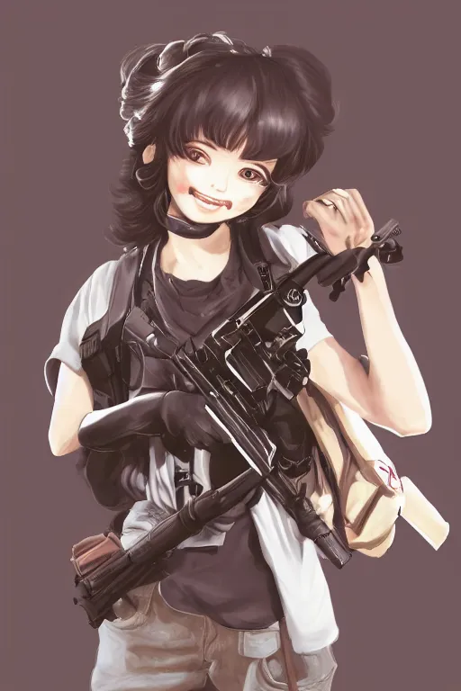 Image similar to illustration of a girl smiling holding a gun, drawn by mai yoneyama and mitsume takahashi, detailed, dynamic lighting, trending on pixiv, digital art, anime art, detailed face, high saturation,