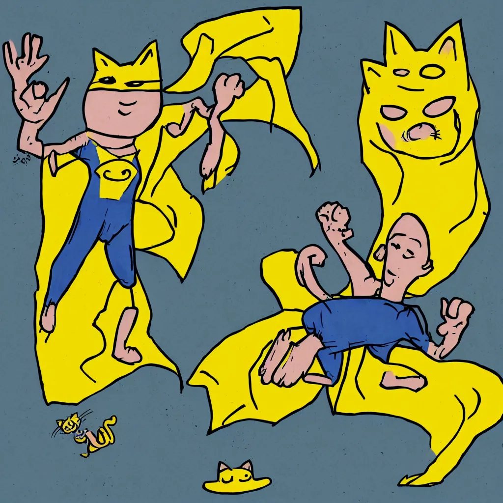 Prompt: Gareth48 microwave cat being with floating hands and a yellow cape and a yellow cartoon crayon-drawn cartoon cat face, super hero, concept art