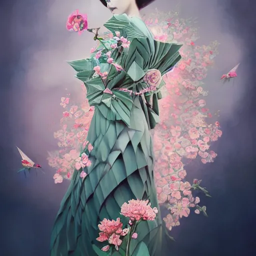 Image similar to 3 / 4 view of a beautiful girl wearing an origami dress, eye - level medium shot, fine floral ornaments in cloth and hair, hummingbirds, elegant, by eiko ishioka, givenchy, andrew atroshenko, by peter mohrbacher, centered, fresh colors, origami, fashion, detailed illustration, vogue, japanese, reallusion character creator