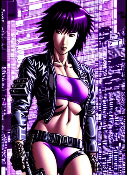 Image similar to motoko kusanagi in grungy cyberpunk megacity, intricate and finely detailed, cyberpunk vaporwave, portrait by j scott campbell