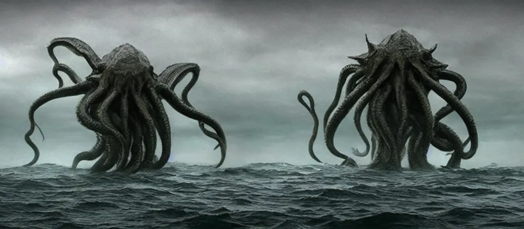 Prompt: A Still of one giant Cthulhu emerged from the ocean, water dripping off him, Cthulhu is gigantic, a tiny boat in the water beneath Cthulhu, you can see this from the beach looking out into a dark a storming ocean, Move shot film, gloomy very misty, Cthulhu is going towards a city, you can see a city next to a beach