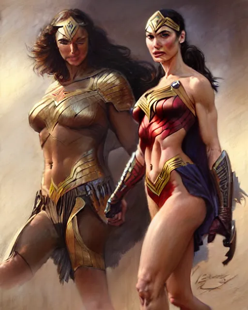 Image similar to lindsey pelas and gal gadot, character portrait, concept art, intricate details, highly detailed by greg rutkowski, gaston bussiere, craig mullins, simon bisley