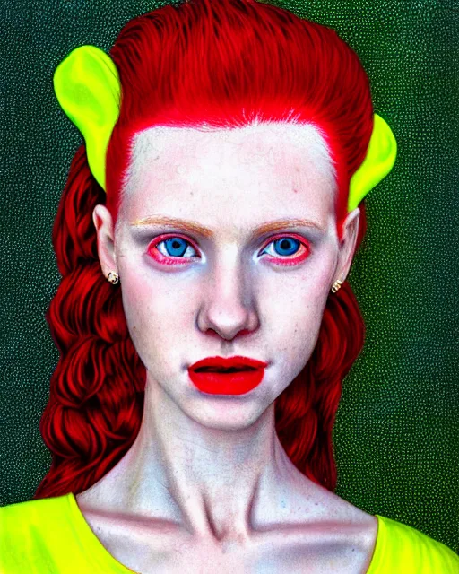 Prompt: photo-realistic portrait of a young pale woman with red hair, wearing a neon yellow dress by Vivienne Westwood, intricate details, masterpiece, reinassance style