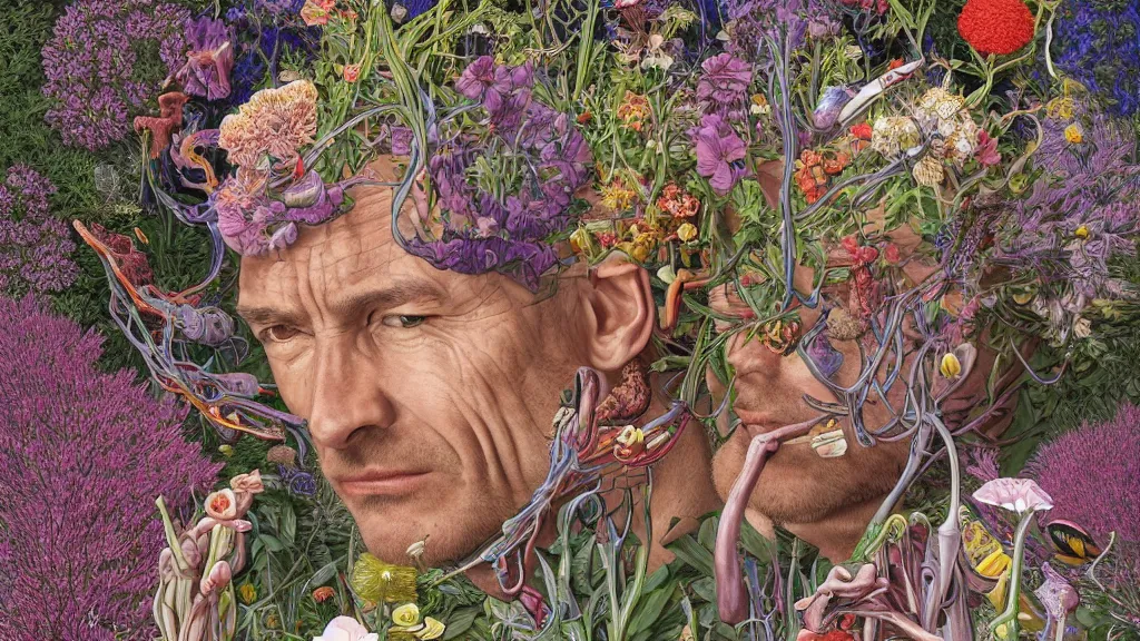 Image similar to highly detailed illustration of a human anatomy head surrounded by all the known species of flowers by juan gatti, by moebius!!, by oliver vernon, by gottfried bammes, by joseph moncada, by damon soule, by manabu ikeda, by kyle hotz, by dan mumford, by kilian eng